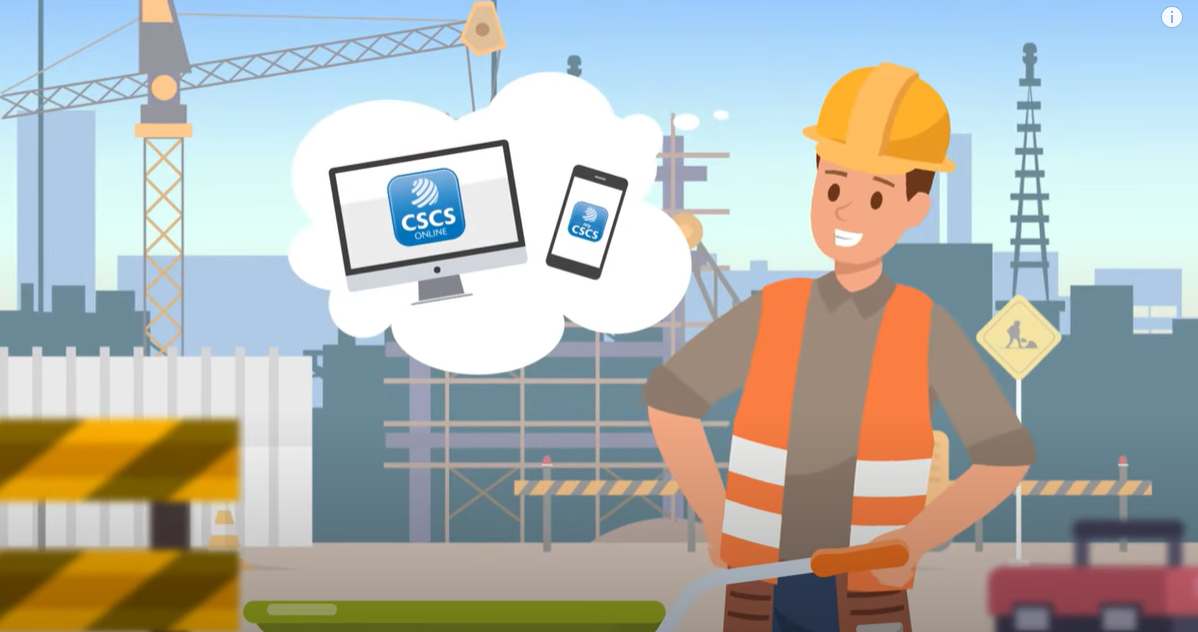 cartoon construction worker with a thought bubble coming out showing a computer screen and a phone